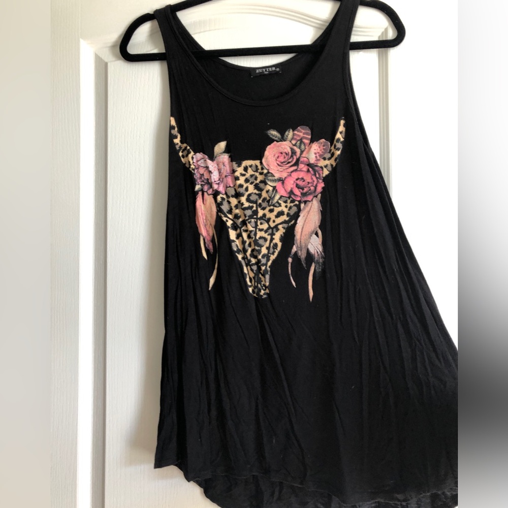 Black Leopard/Floral Cowskull Tank Top